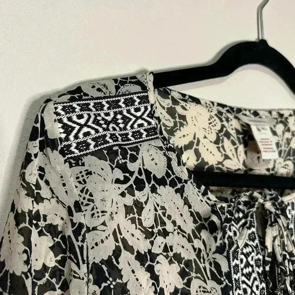Sundance Womens Size Small Black/Beige Floral Silk Long Sleeve Boho Top - Picture 4 of 9